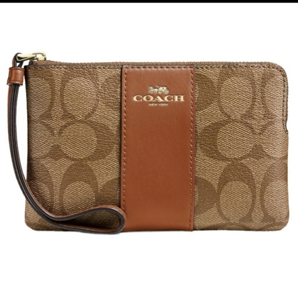 Coach Corner Zip Wristlet Signature Color Khaki/Saddle 2 - Picture 1 of 10